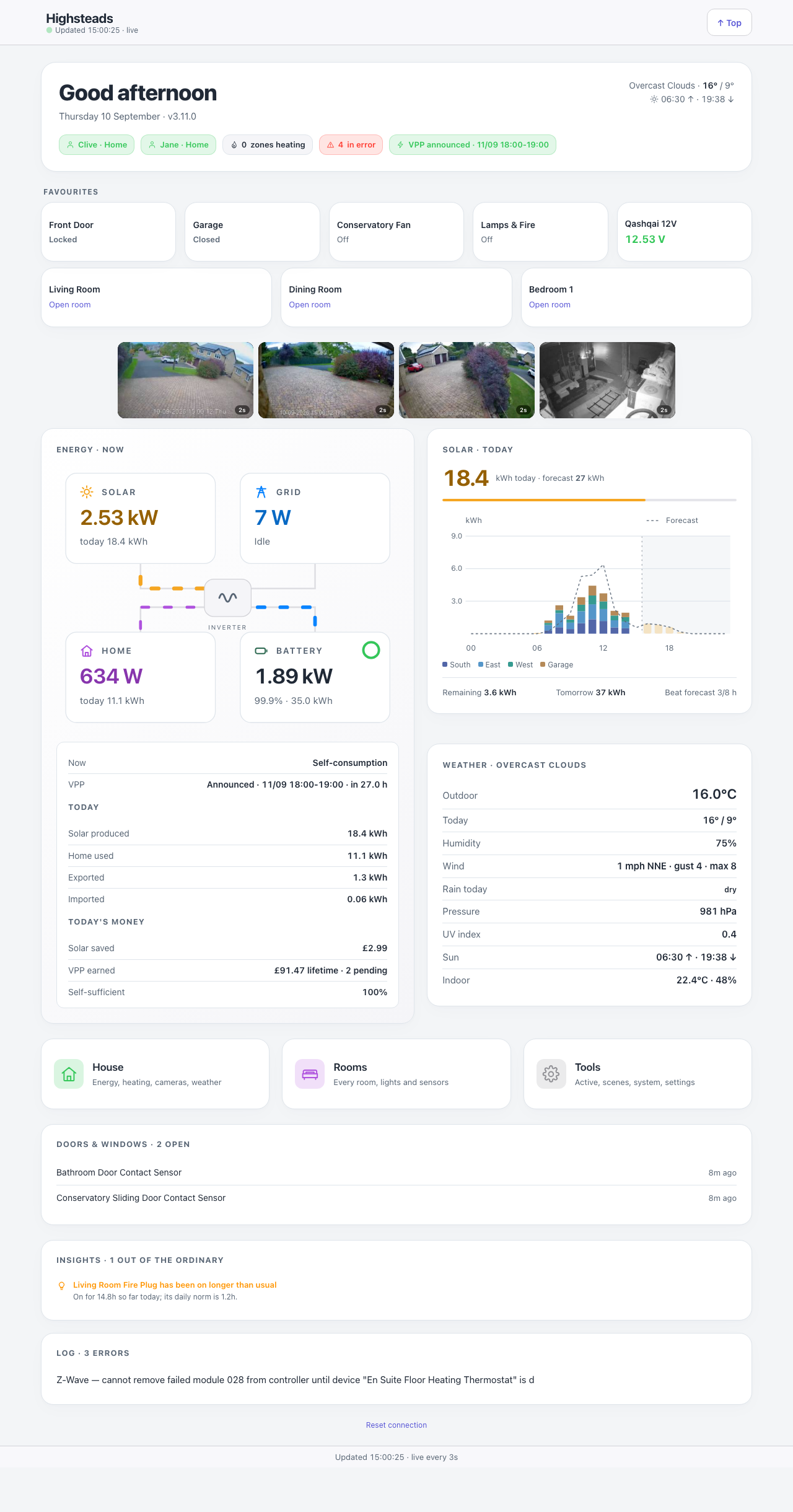 The hub — who is home, the heating, the battery, today's carbon, and a strip of live cameras